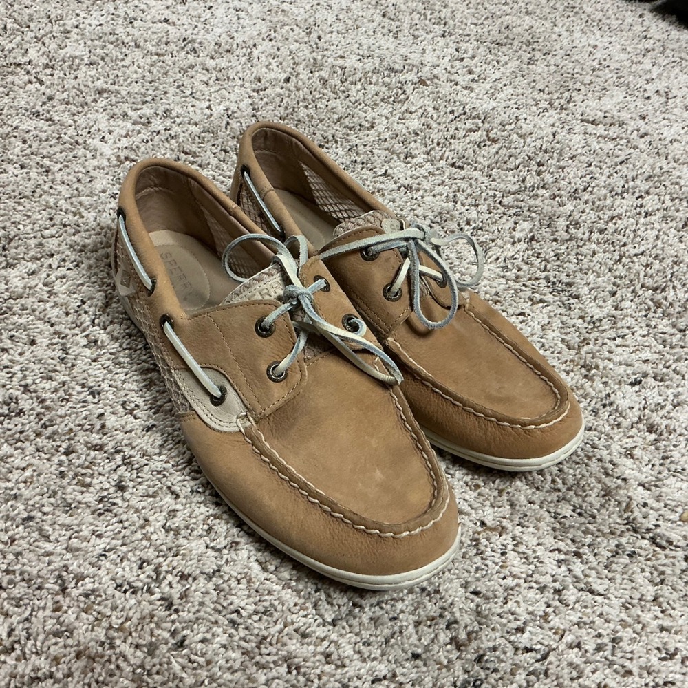 Sperry Women Tan Leather Mesh Boat Shoes STS81606 Size 10W Wide Loafers Beige